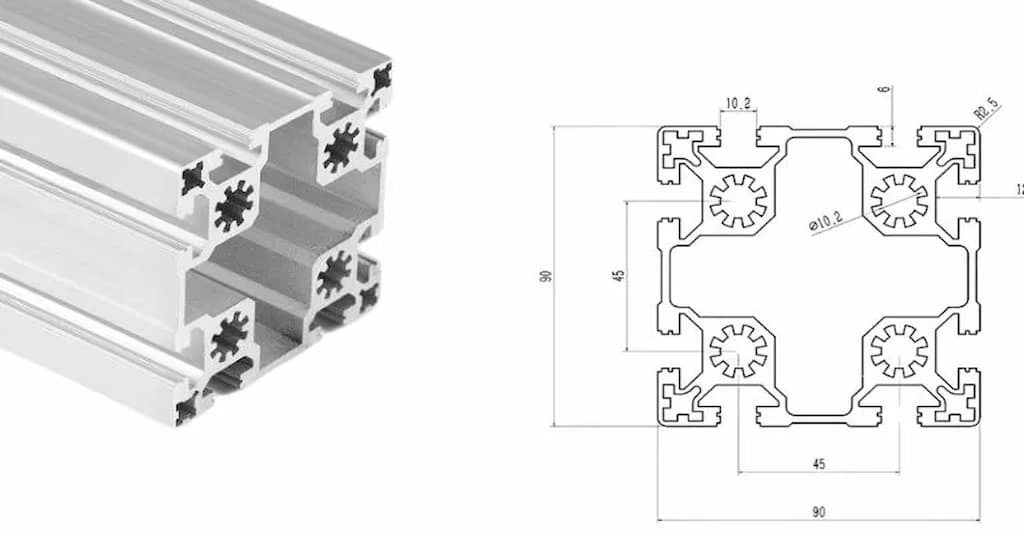 Cross section view of T slot extruded profile at the left and corresponding drawing at the right. 