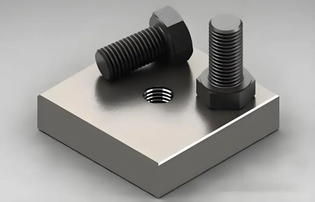 An image showing a metal part with a tapped hole while fasteners place on it.
