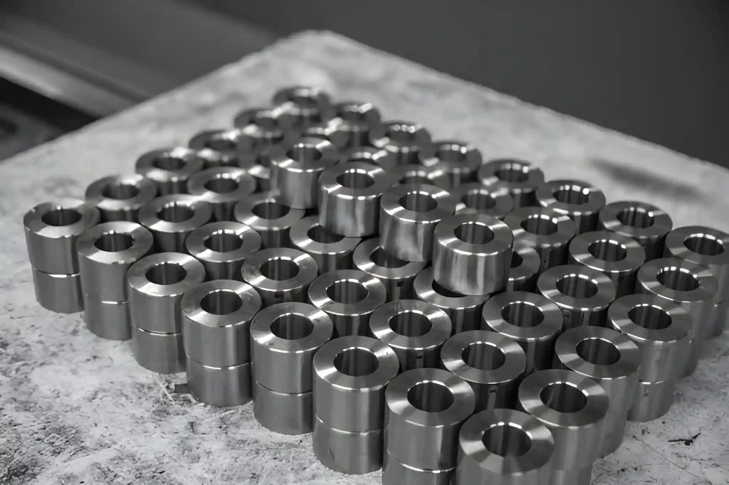 Titanium manufacturing gears and mechanical parts arranged on a table.