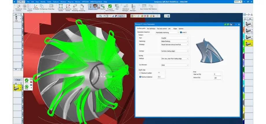 Green toolpath on a metal turbine software screenshot