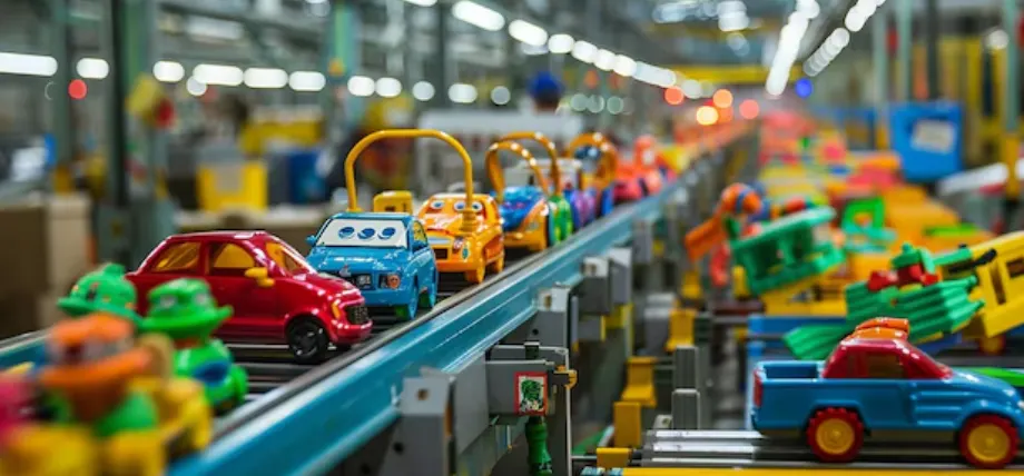 colorful toys on a conveyer belt in a factory