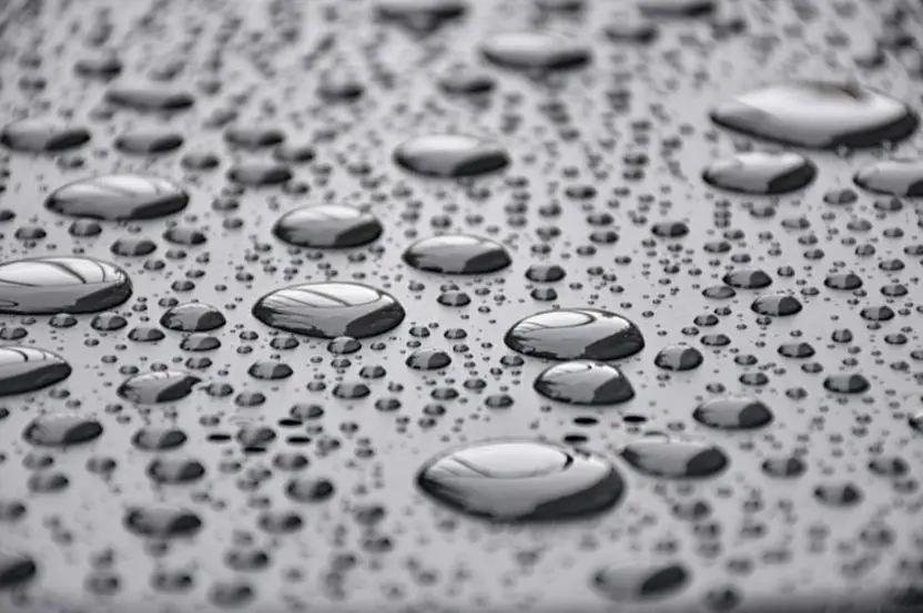 A metal surface covered with water droplets