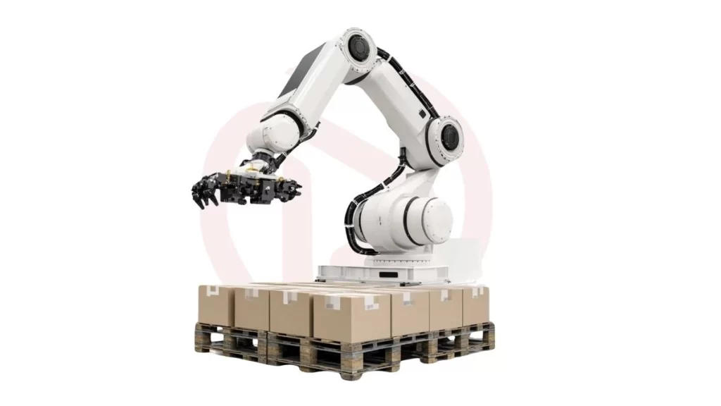 Pick and Place the CNC machine in action. It carefully picks up a wooden piece from a surface with robotic arms.